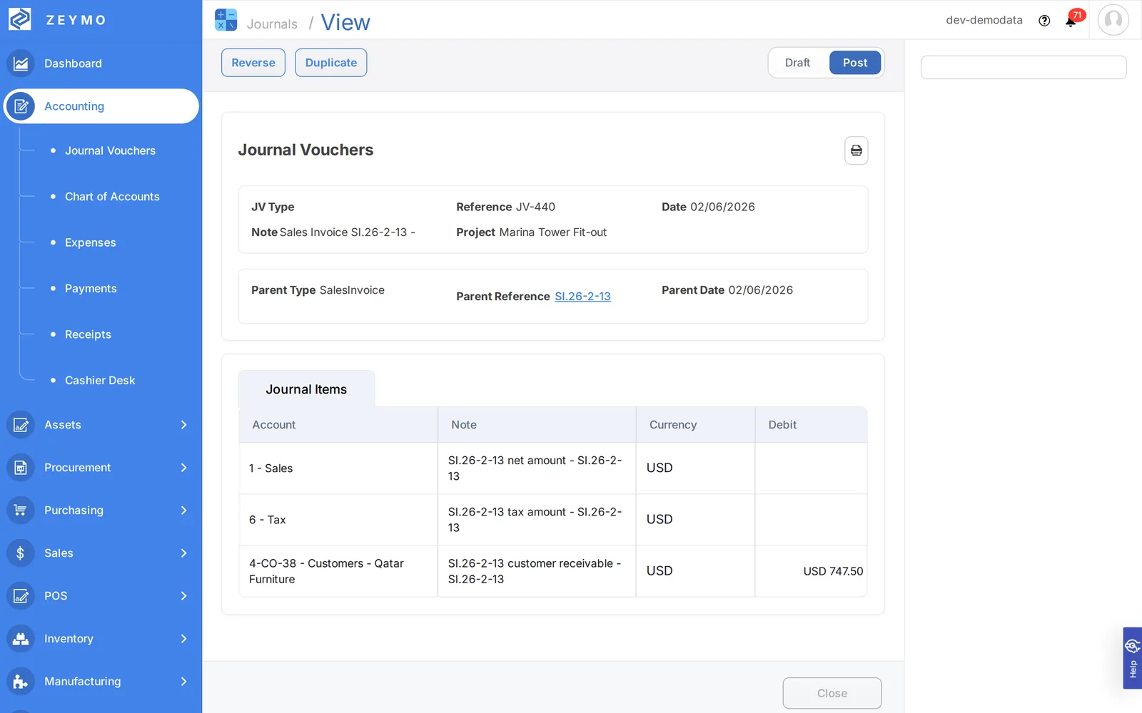 Journal voucher with revenue, tax and customer-receivable lines, linked to its sales invoice
