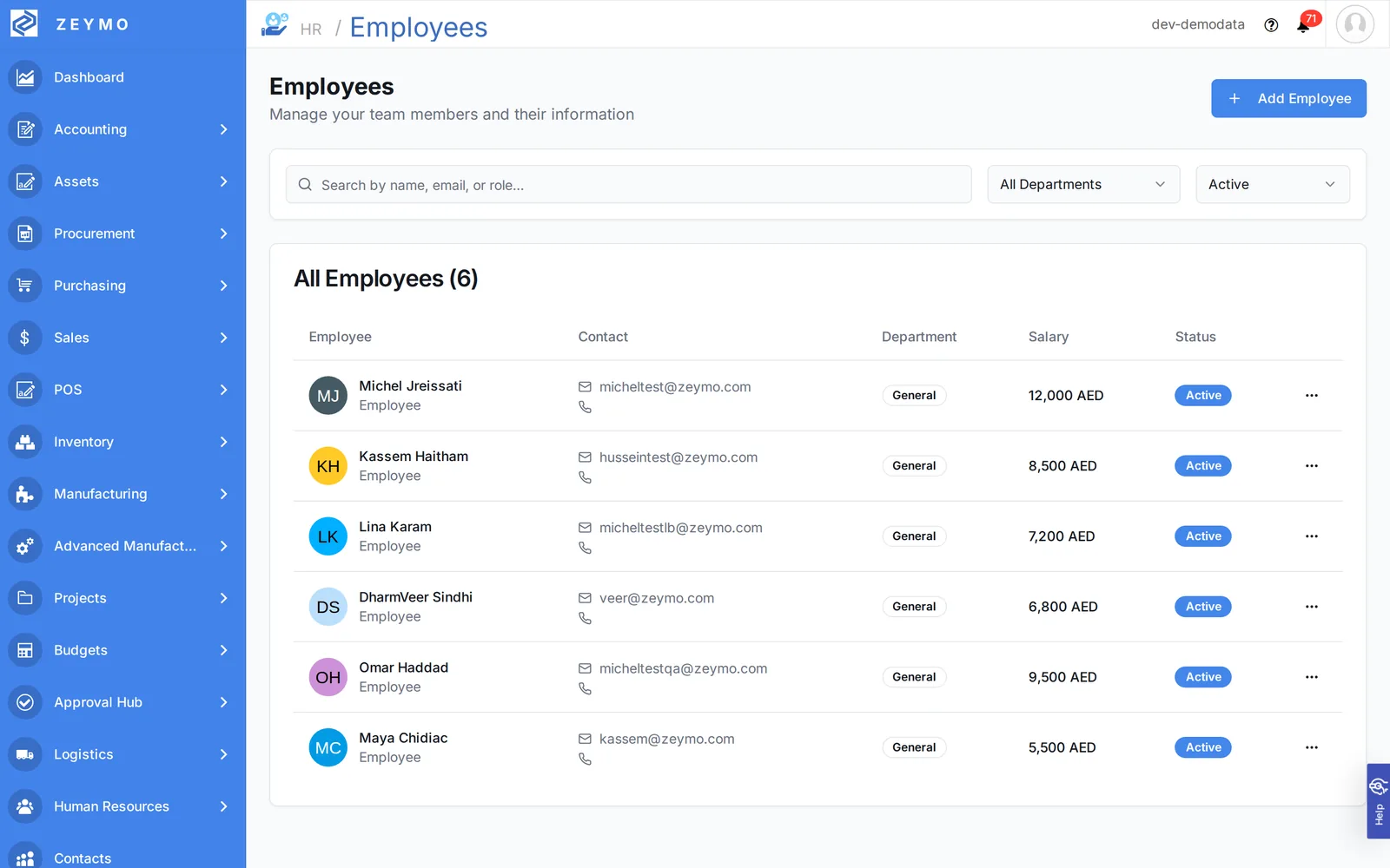 Employee directory with departments, salaries and status