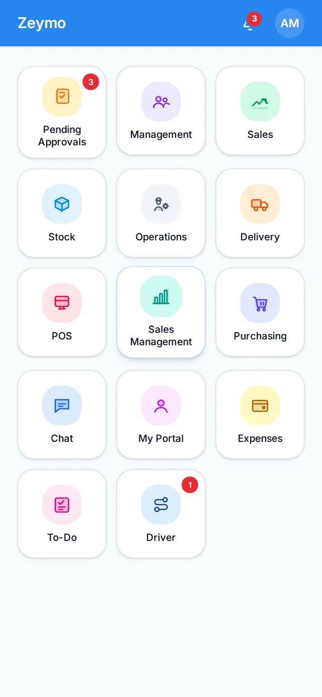 Mobile app home: one tile per module, gated by each user’s permissions
