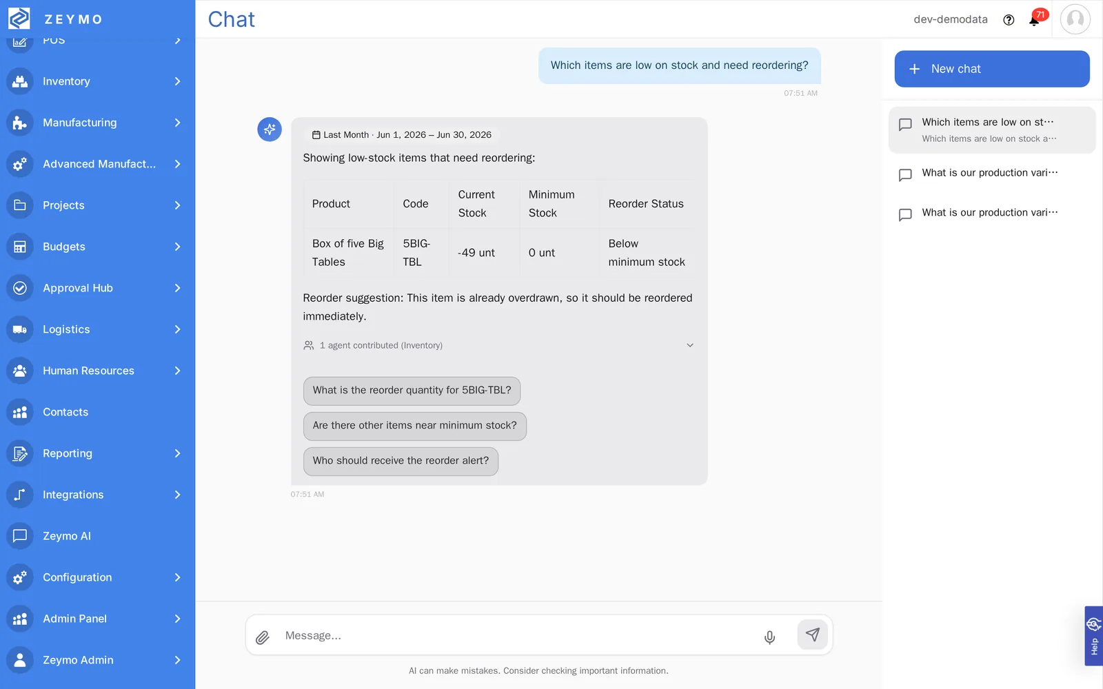 Zed answering 'Which items are low on stock and need reordering?' with a live table, a reorder recommendation and follow-up questions — one Inventory agent contributed