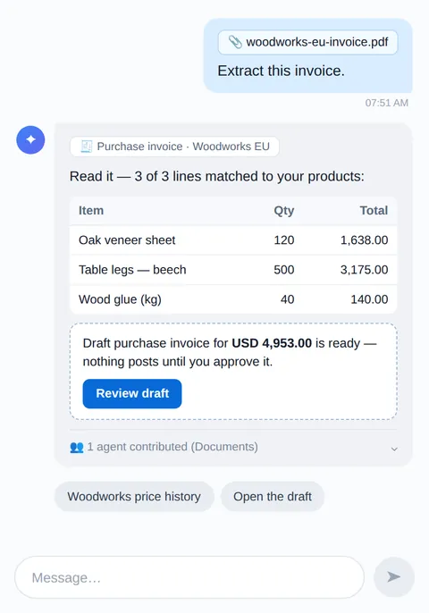 Animated chat: an attached invoice is extracted into a matched draft, then a follow-up compares the prices to your purchase history